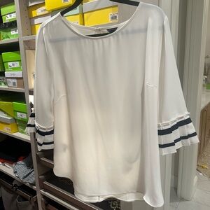 Ann Taylor White Top with Statement Sleeve + Navy Accents